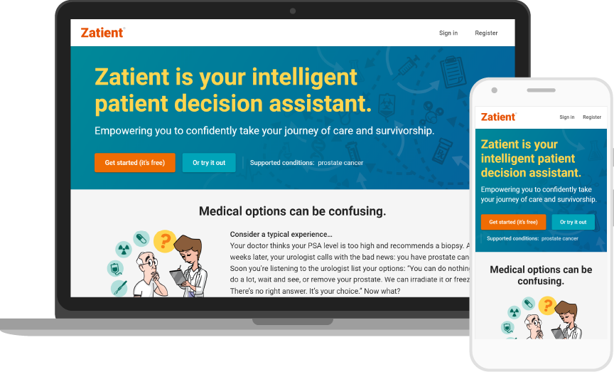 Zatient home page in desktop and mobile screen sizes.